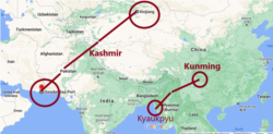 Khoảng cách từ cảng Gwadar của Pakistan đến Tân Cương [Xinjiang] và khoảng cách từ Kyaukpyu của Miến Điện đến Côn Minh [Kunming]. Ảnh: Google Map. Chú thích và minh họa của tác giả.